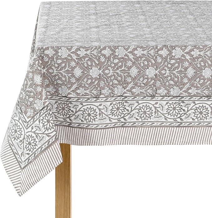 Ridhi Taupe 60x60 Inches Square Indian Hand Block Floral Printed Pure Cotton Cloth Tablecloth, Farmhouse Outdoor Wedding Restaurant Party Home Spring Fall