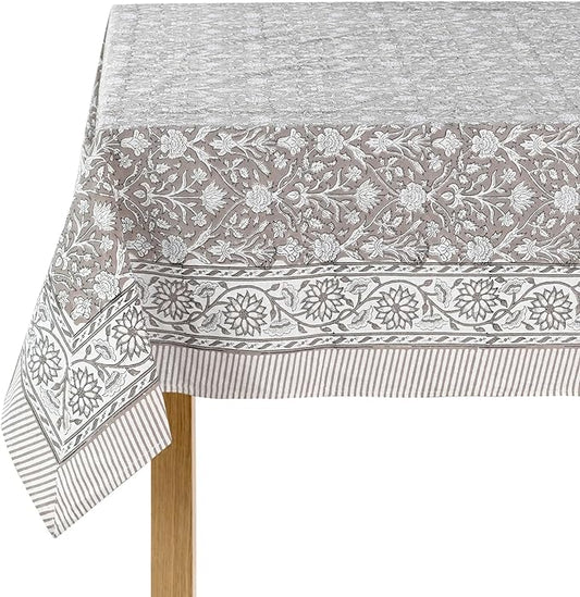 Ridhi Taupe 60x60 Inches Square Indian Hand Block Floral Printed Pure Cotton Cloth Tablecloth, Farmhouse Outdoor Wedding Restaurant Party Home Spring Fall