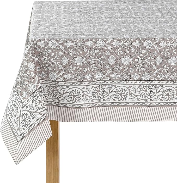 Ridhi Taupe Hand Block Print Cotton Rectangle Tablecloth 160 x 72 inches Reusable Table Cover Decorative Everyday Use for Dining Room, Farmhouse, Home, Party, Festive & Wedding, Fall
