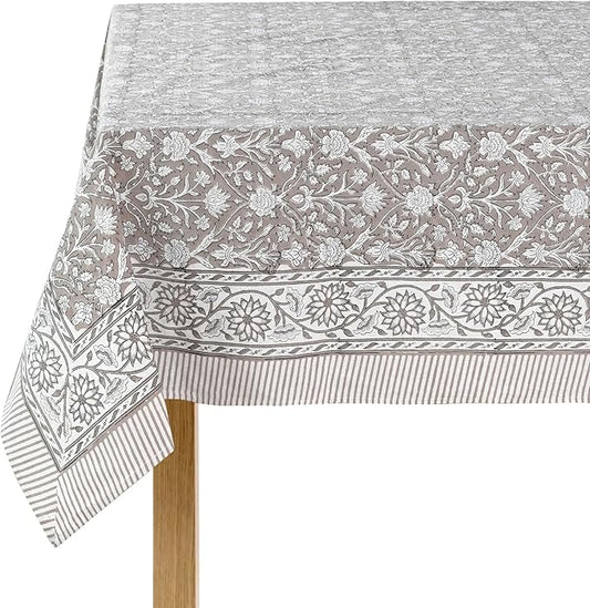 Ridhi Taupe Hand Block Print Cotton Rectangle Tablecloth 160 x 72 inches Reusable Table Cover Decorative Everyday Use for Dining Room, Farmhouse, Home, Party, Festive & Wedding, Fall