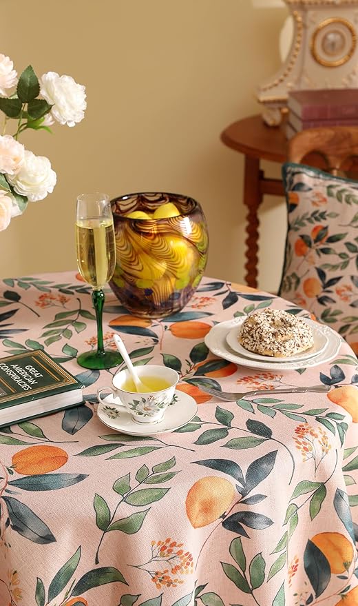 patdrea Designer Orange Tablecloth for Round Tables,Framhouse Linen Oranges and Leaves Tree Pattern Linen Tablecloth,Fall Fruit Table Cover Cloth Decor for Kitchen Dining Christmas,Diameter 55"