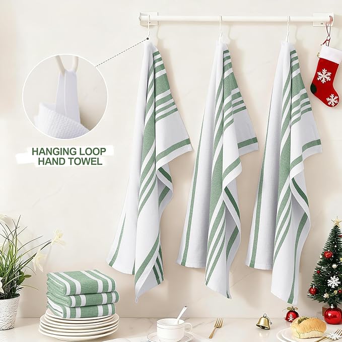 Homaxy Premium Kitchen Towels 18”x 28”, Large Cotton 380 GSM Kitchen Hand Towels, Stripe and Terry Dish Towel, Highly Absorbent Tea Towel Set with Hanging Loop, 6 Pack, Grass Green
