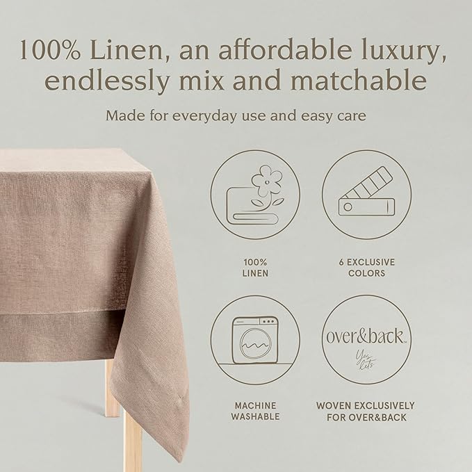 over&back 100%-Linen Woven Tablecloth - Colorful Dining Room Table Cover - Mitered Corner Hems - Machine Washable - Kitchen and Home Decor - Taupe - 70x108