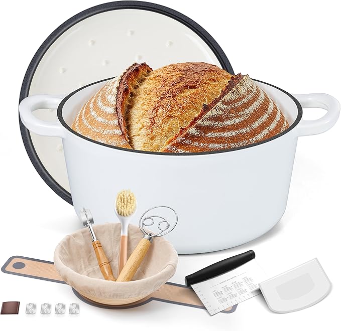 E-far Enameled Dutch Oven Pot for Bread Baking, 6QT Enameled Cast Iron Cookware with Self-Basting Lid & Sourdough Bread Baking Supplies, Heavy Duty Casserole Pot & Dual Handles-White