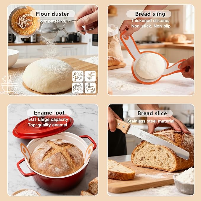 Super All-Inclusive Sourdough Starter Kit with Pot,Sourdough Bread Baking Supplies,4 Banneton Bread Proofing Baskets,Dutch Oven for Baking，Scale,34OZ Sourdough Starter Jar, Bread Making Tools Kit