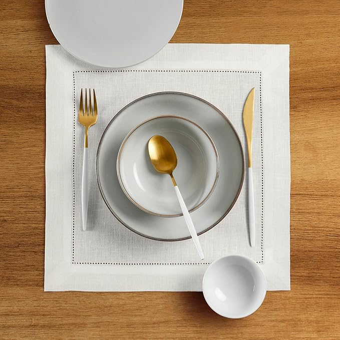 Solino Home Square Placemats Set of 4-100% Pure Linen Ivory Cloth Placemats 14 x 14 Inch - Classic Hemstitch, Machine Washable Place Mats for Fall, Autumn, Thanksgiving, Holiday, Christmas