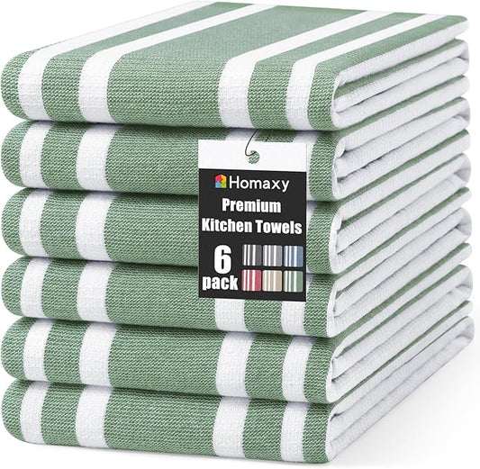 Homaxy Premium Kitchen Towels 18”x 28”, Large Cotton 380 GSM Kitchen Hand Towels, Stripe and Terry Dish Towel, Highly Absorbent Tea Towel Set with Hanging Loop, 6 Pack, Grass Green