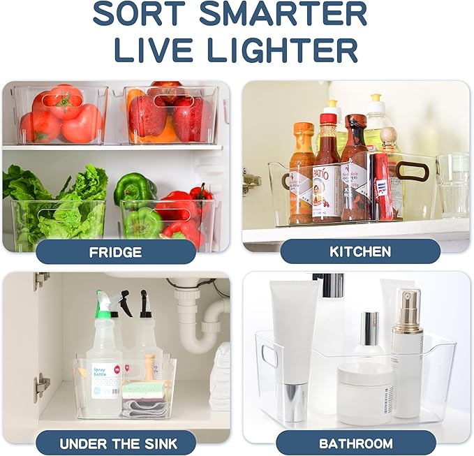 Clear Plastic Storage Bins 8 Pack with 16 Soft Silicone Handles, Organizer Bins for Home & Kitchen, Storage Containers for Pantry, Fridge, Laundry, Bathroom, Classroom