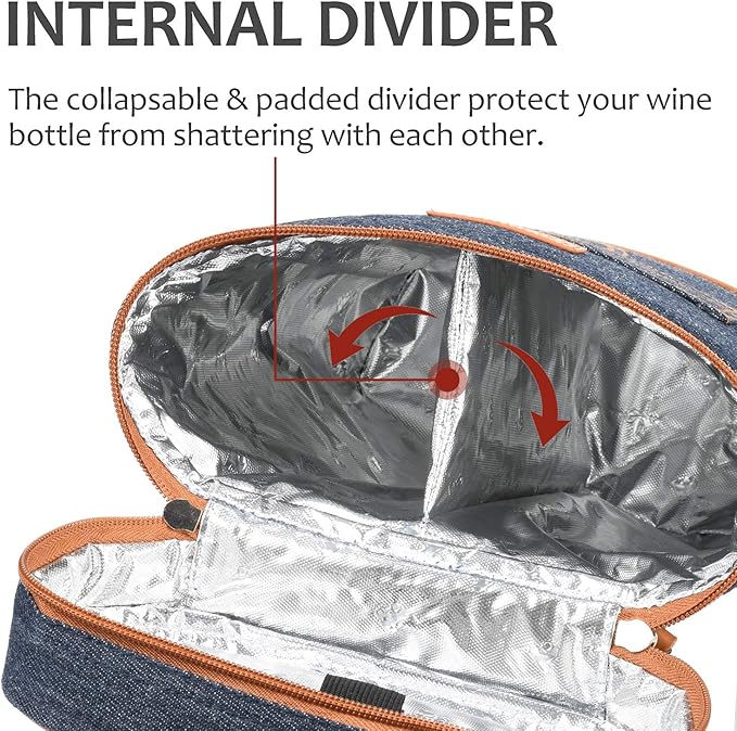 Tirrinia 2 Bottle Wine Gift Tote Carrier - Leakproof & Insulated Padded Versatile Wine Cooler Bag for Travel, BYOB Restaurant, Wine Tasting, Party, Dinner, Gift for Wine Lovers, Dark Blue