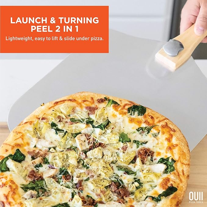 Pizza Peel with Cutter - 12 x 14-inch Metal Turning Peel, 14'' Pizza Cutter with Blade Cover - Premium Pizza Spatula Paddle, Pizza Oven Accessories Compatible with Ooni, Blackstone, Gozney