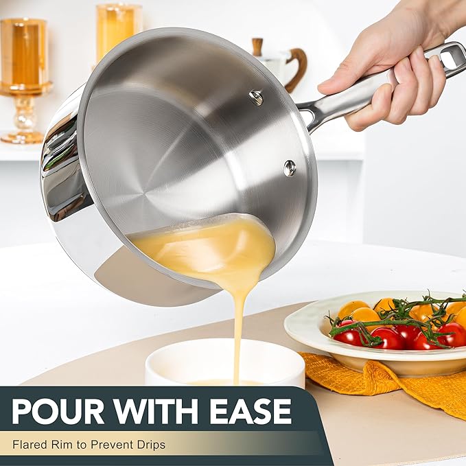 MICHELANGELO Stainless Steel Saucepan Set with Lid, Premium Triply Stainless Steel Sauce Pan with Cool Handle, Nonstick Sauce Pot Set for Kitchen Cooking, Induction Compatible, 1QT & 2QT & 3QT