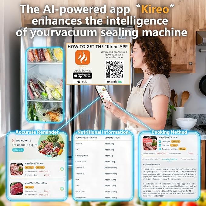 95Kpa Vacuum Sealer Machine for Food with Bags, 12-in-1 Food Saver Vacuum Sealer with Double Heat Seal, Built-in Cutter,Accessory Hose, Bag Storage,10 Bags, 1 Bag Roll & Marker Pen,App Control