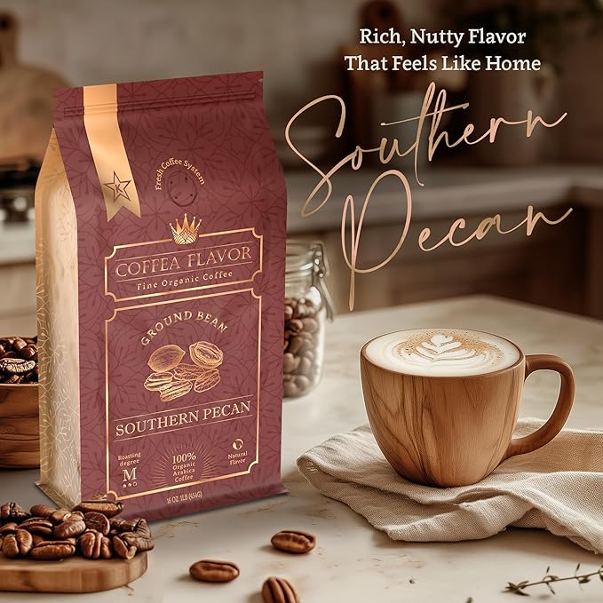 Southern Pecan Flavored Ground Coffee – Medium Roast, 100% Arabica, Single Origin – Organic, Naturally Flavored, No Artificial Additives – by Coffea Flavor
