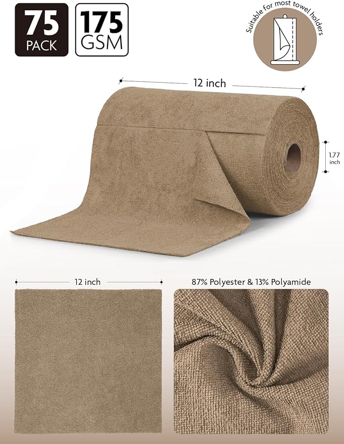 Fantasticlean Microfiber Cleaning Cloth Roll -75 Pack, Tear Away Microfiber Towels, 12" x 12", Reusable, Washable, Scratch Free, Ultra Absorbent for Car, Home Supplies (TAN)