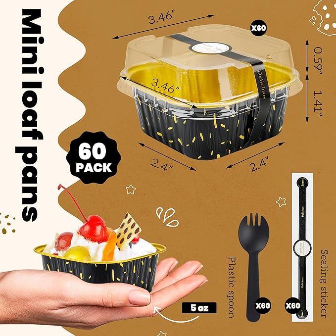 60 Pack Mini Cake Pans with Lids Square Mini Aluminum Pans Pie Tins Flan Containers for Wedding Birthday Party Gift (5OZ, Black Gold Spot)