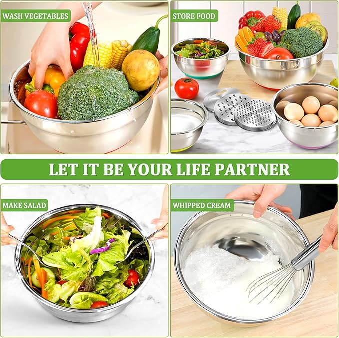 Mixing Bowls with Lids Set,10pcs Stainless Steel Mixing Bowls with Graters and Egg Whisk &Non-Slip Bottoms Food Prep Nesting Bowls for Baking, Cooking, Meal Storage(1.2QT-5.5QT)