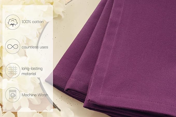 PurpleEssences Set of 12 Cloth Dinner Napkins 100% Cotton 18x18 Inch - Soft Durable Washable - Ideal for Farmhouse Party Christmas Holiday Winter - Perfect Everyday Use Table Linen - Purple