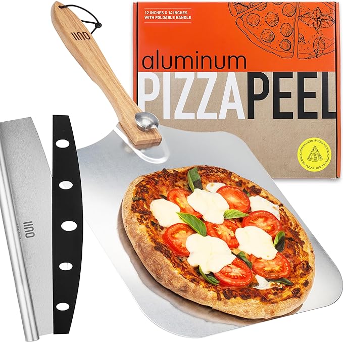 Pizza Peel with Cutter - 12 x 14-inch Metal Turning Peel, 14'' Pizza Cutter with Blade Cover - Premium Pizza Spatula Paddle, Pizza Oven Accessories Compatible with Ooni, Blackstone, Gozney