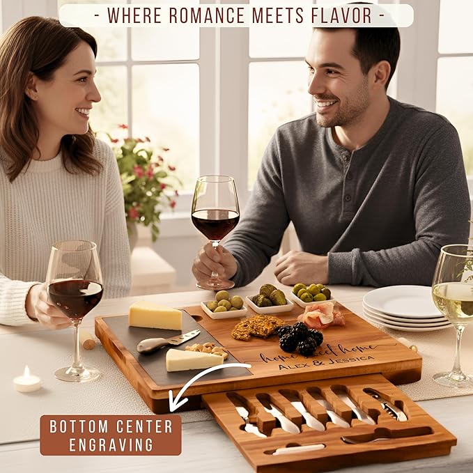 Personalized Acacia Wood Charcuterie Board Set with Stainless Steel Knives – Custom Cheese Board Gift for Wedding, Christmas, Housewarming, Bridal Shower, Anniversary, Women and Couples, Gifts for Her