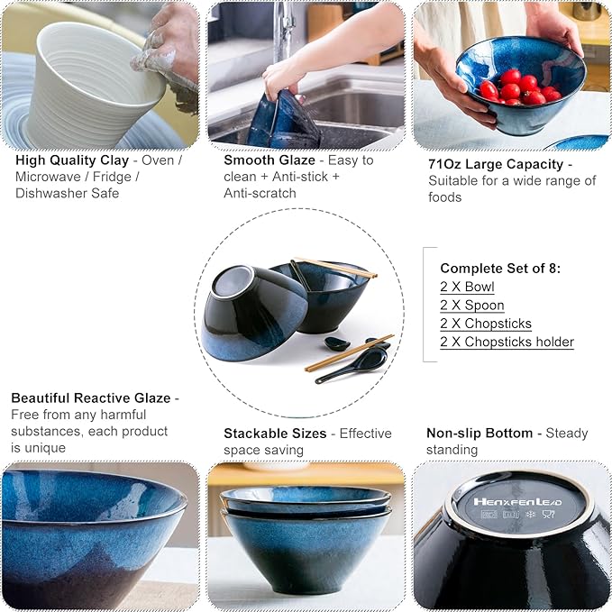 Large Salad Soup Ramen Serving Bowls, 71 OZ Ceramic Japanese Ramen Noodle Bowls with Chopsticks, Spoons and Rests - Super Big Bowl Sets for Udon, Pho, Pasta, Cereal, Set of 2 - Reactive Blue