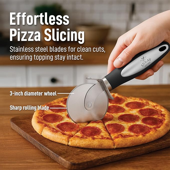 Zulay Kitchen Premium Pizza Cutter - Durable Stainless Steel Pizza Cutter Wheel - Easy-to-Clean, Easy-to-Use Pizza Slicer - Super Sharp with Non-Slip Handle - Dishwasher Safe Pizza Wheel (Black)