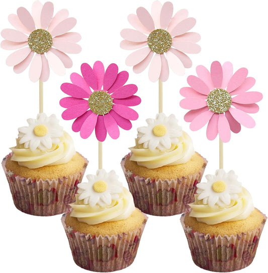 24Pcs Daisy Cupcake Toppers Flower Cake Topper Decorations Daisy Cake Decorations Chrysanthemum Cupcake Toppers Spring Daisy Flower Cake Picks for Birthday Wedding Supplies Rose Red Pink