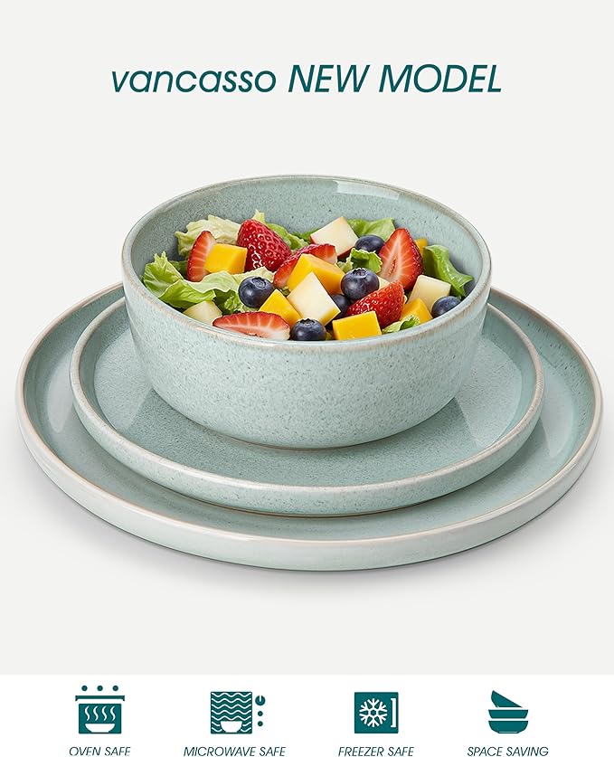 vancasso ANYA 18 Pieces Plates and Bowls Set, Mint Green Dinnerware Sets, Reactive Glaze Dishes Set for 6, Ceramic Dishware Sets Kitchen Dinner Set, Microwave & Dishwasher Safe