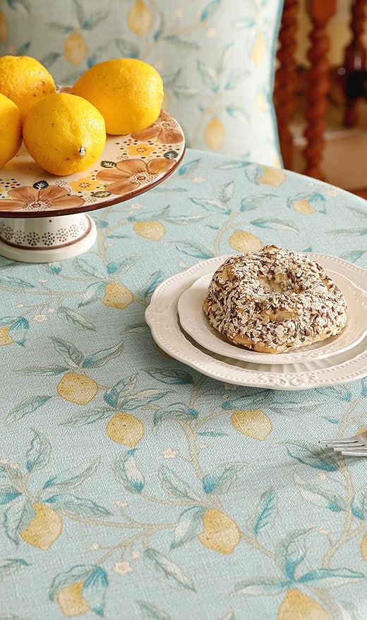 patdrea Designer Green Tablecloth for Round Tables,Vintage Linen with Yellow Fruits Pattern Tablecloths,Cottage Rustic Table Cover Cloth Decor for Kitchen Dining Christmas,Diameter 67"