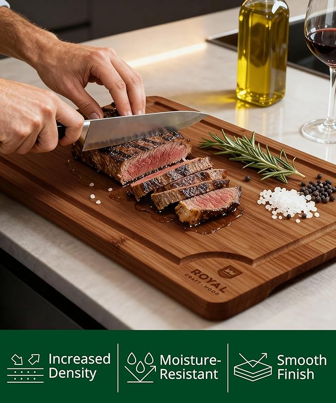 ROYAL CRAFT WOOD Bamboo Cutting Board Set – 3 Durable Wooden Cutting Boards for Kitchen Meal Prep, Charcuterie & Serving – Chopping & Butcher Block with Juice Grooves – Gift-Ready Packaging & Wood Wax