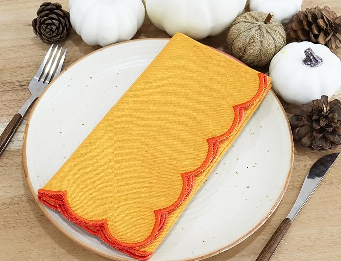 PurpleEssences Scalloped Embroidery Cloth Napkins Christmas Holiday Winter Table Decor 100% Cotton Set of 4-18 x 18 inch - Golden Yellow - Edges - Orange