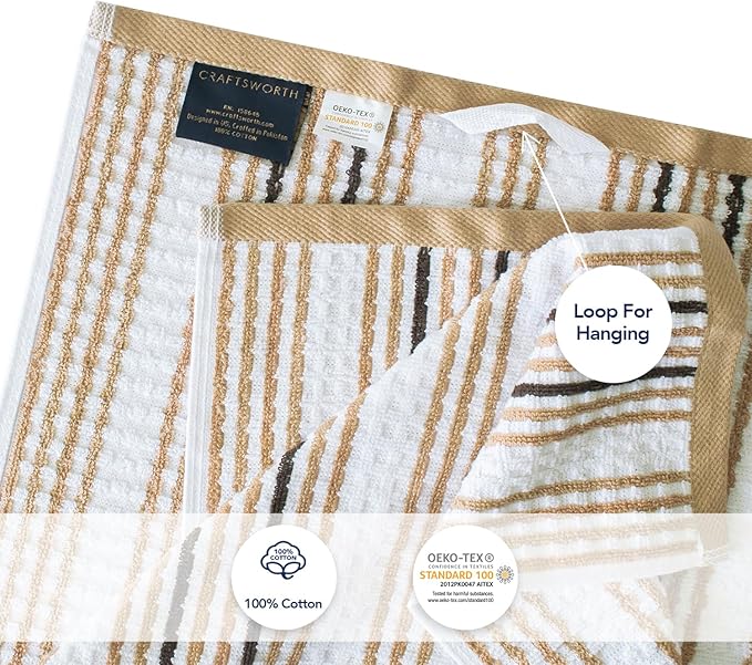 CRAFTSWORTH Kitchen Towels, 15x26 Inches, Pack of 6, 400 GSM, 100% Ring Spun Cotton, Tan Solid & Stripe, Super Soft & Absorbent