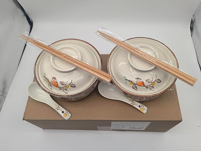 Ceramic Ramen Bowl Set, 800ml, with Lid, Spoon and Chopsticks, Japanese Vintage Large Soup Bowls Instant Noodle Bowl Asian Tableware (Dird*2)