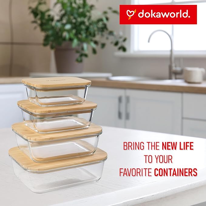 Natural Bamboo Lids Set for Food Storage Glass Containers (4pcs) - Lids are compatible with all Glass Food Storage Containers Sets