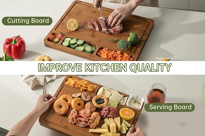 Cutting Board for Kitchen,Thickened Bamboo Cutting Board with Juice Groove, Large Butcher Block with Handle,Wooden Charcuterie Chopping Board for Prep & Serving Tray, 16.93" x 12.99" x0.98"
