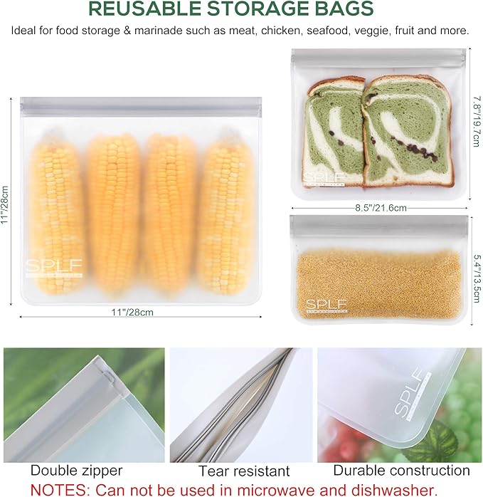 SPLF 18 Pack BPA FREE Reusable Storage Bags (6 Gallon Freezer Bags, 6 Sandwich Bags, 6 Snack Bags), Extra Thick Leakproof Silicone and Plastic Free Lunch Bag