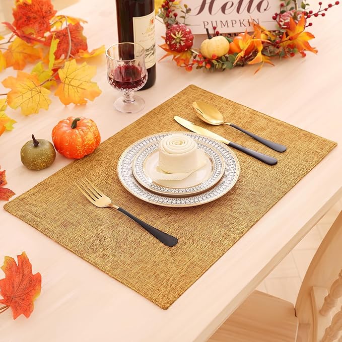 Homaxy Cloths Placemats for Dining Table Set of 6, Heat Resistant Washable Cotton Linen Blend Table Mats, Ideal for Kitchen Party Dining Decoration, 13" x 19", Amber