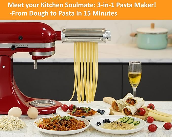 Pasta Maker Attachment for KitchenAid Mixers,3 in 1 Set Included Pasta Sheet Roller, Spaghetti and Fettuccine Cutter Accessories