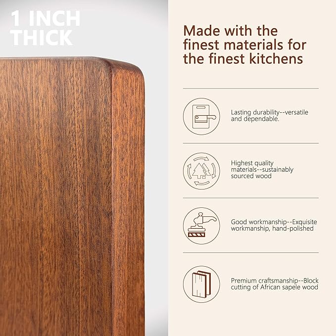 Solid Wood Cutting Board One Piece Cutting Boards Made of Entire Piece Sapele Wood, Hardwood Cutting Board Heavy Duty 15 * 11 * 1 In (No Glue)