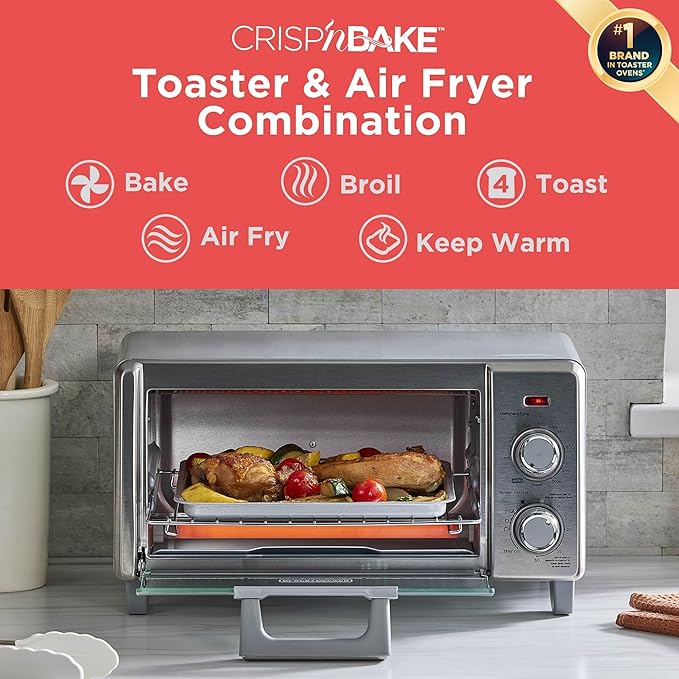 BLACK+DECKER Crisp 'N Bake Air Fry Countertop Convection Toaster Oven, Medium Capacity, 4-Slice, 5-in-1, Fits 9” Pizza, 30-Min Timer, Bake, Broil, Air Fry, Toast, Keep Warm, Stainless Steel