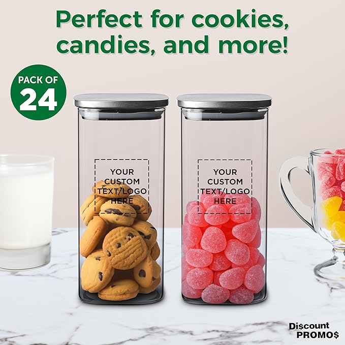 DISCOUNT PROMOS Custom Branson 53 oz. Square Storage Jars Set of 24, Personalized Bulk Pack - Durable Kitchen Organization, Home Decor Essentials, Food Storage Solutions - Clear
