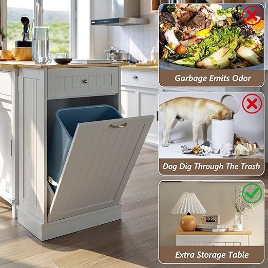 Tilt Out Trash Bin Cabinet Dog Proof Trash Can Holder Kitchen Island Without Garbage Bin or Tilt Out Laundry Hamper (White)