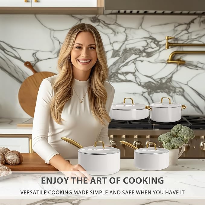 Ceramic Cookware Set, VONIKI 16 Pcs Pots and Pans Set Non Stick, Kitchen Cookware Sets with Cooking Utensils Set, Non Toxic Cookware Set White Gold Pan Set for Cooking Pot Oven & Dishwasher Safe, Gift