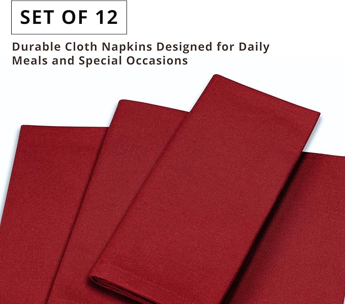 PurpleEssences Set of 12 Cloth Dinner Napkins 100% Cotton 18x18 Inch - Soft Durable Washable - Ideal for Farmhouse Party Fall Thanksgiving - Perfect Everyday Use Table Linen - Red