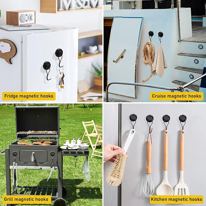 LOVIMAG Hooks, 110lbs+ Magnetic Magnet Hook 2025 Cruise Cabin Ship Essentials Heavy Duty Strong Refrigerator Fridge Hanging for Classroom Beach Vacation Kitchen Grills Home Mug Hanger (8 Pack), Black