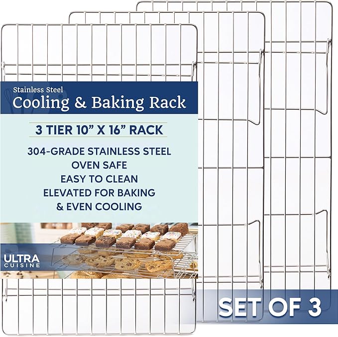 Ultra Cuisine Heavy Duty 3 Tiers, 16" x 10" Cooling Rack for Cooking and Baking - Professional Grade Premium 100% Stainless Steel Baking Rack & Wire Cooling Mesh - Dishwasher Safe - Pack 3