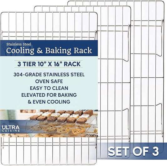 Ultra Cuisine Heavy Duty 3 Tiers, 16" x 10" Cooling Rack for Cooking and Baking - Professional Grade Premium 100% Stainless Steel Baking Rack & Wire Cooling Mesh - Dishwasher Safe - Pack 3