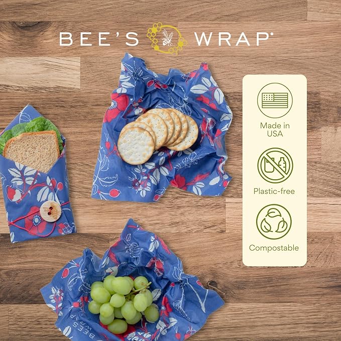 Bee's Wrap Beeswax Wraps for Food - Botanical 3 Pack (2M 1 Sandwich) Made in USA Reusable & Organic Food Wraps, Sandwich Wrap - Eco-Friendly Alternative to Aluminum Foil & Plastic Wrap