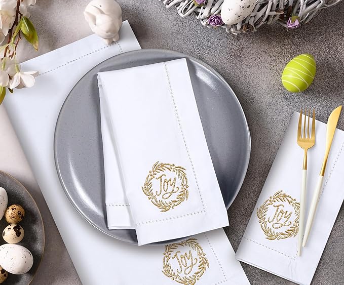 Bedding Craft Cotton Cloth Dinner Napkins Set of 12 – 18x18 White with Gold Embroidery – Reusable Machine Washable Fabric Napkins for Weddings, Parties & Everyday Dining