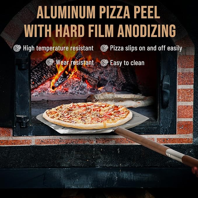 Q Pizza Perforated Pizza Peel 14" with Detachable Long Handle for Grill Oven, Large Pizza spatula Turning Paddle, Oven Accessory for Baking Bread Pastry Dough Pie Cake, Aluminium