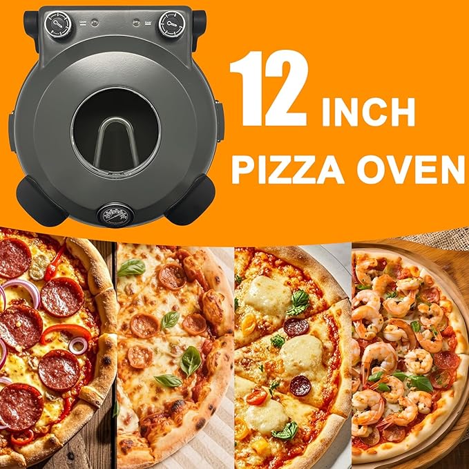Pizza Oven Indoor, 12 Inch Retro Pizza Maker, Rapid Heating 800˚F, 1200W Glazed Ceramic Stone Electric Pizza Cooker, Two-button Precise Temperature Control, Viewing Window for Precise Cooking